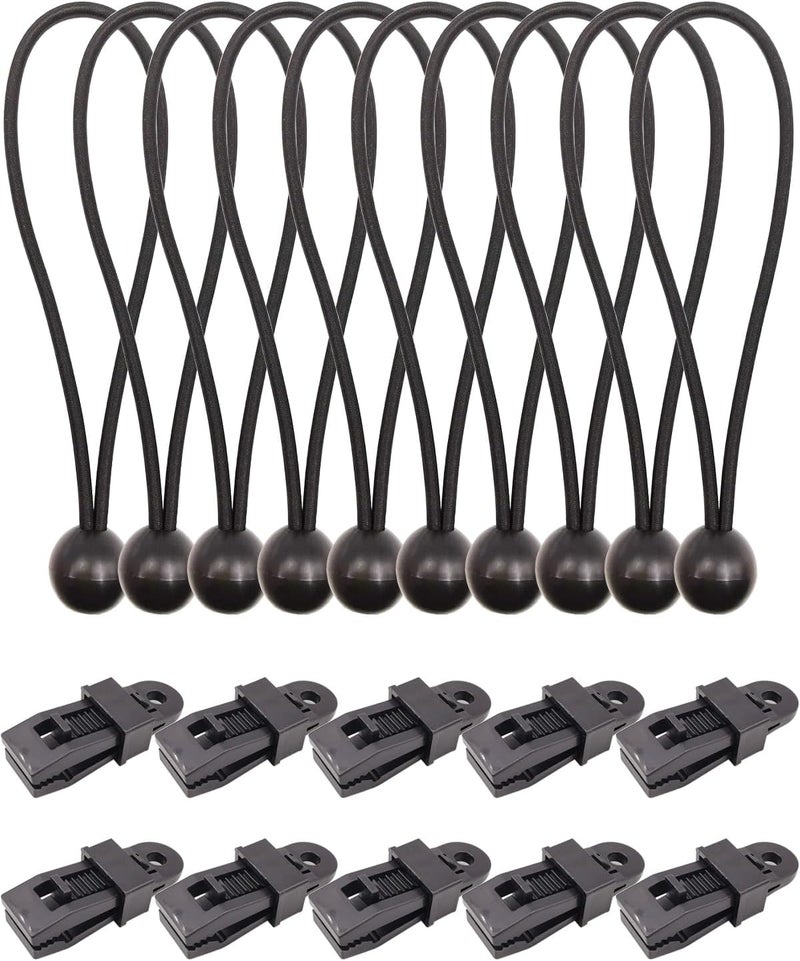 BINCKIN Tarp Clips Heavy Duty Lock Grip - 20 Pcs Tent Clip and Ball Bungee Cord Set, Awning Tarp Clamps for Canopy (Black) - Image 1